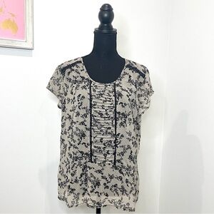 Hinge Floral Black and Gray Lace Trim Sheer Top